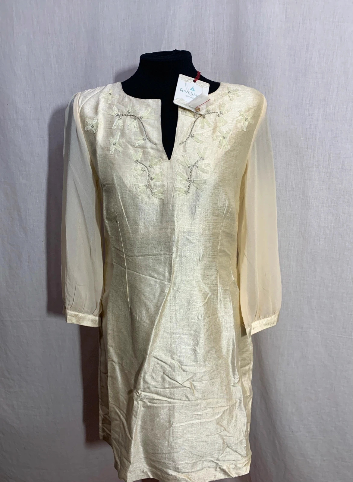 Vestido de Seda Beige con Bordado | Beige Silk Dress with Embroidery | Riverside – Riverside – taille L / 40 / 12 4