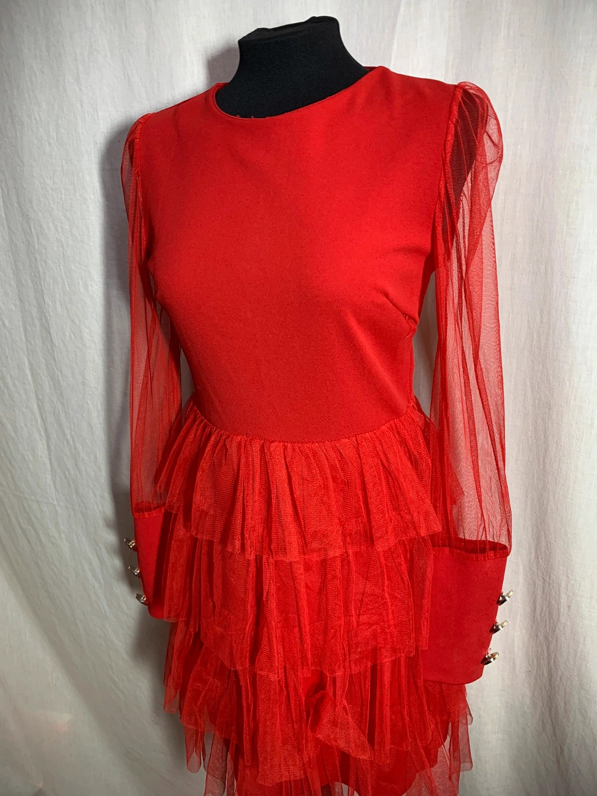 Vestido Rojo con Falda de Tul y Mangas Transparentes | Red Tulle Dress – taille L 3