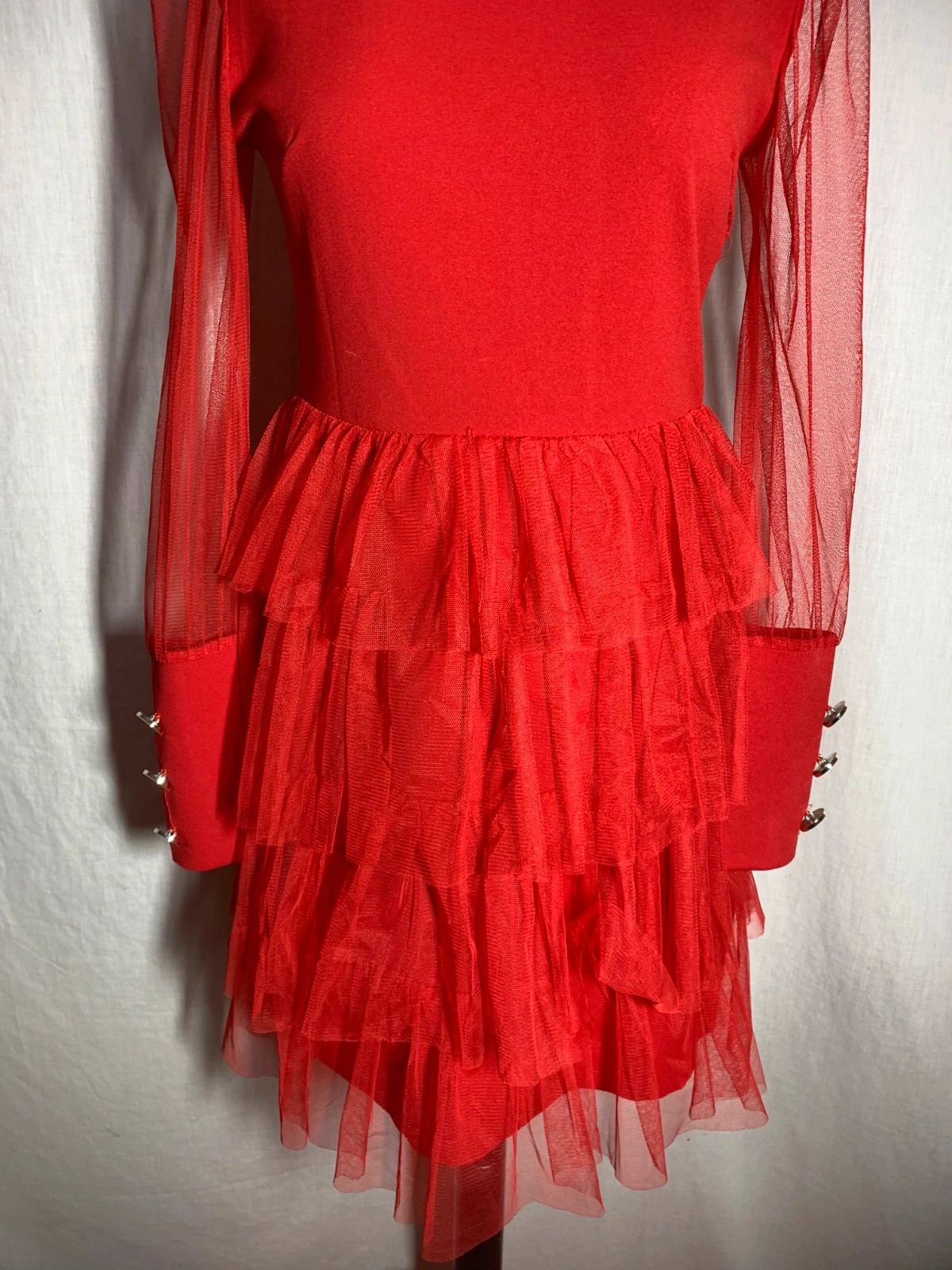 Vestido Rojo con Falda de Tul y Mangas Transparentes | Red Tulle Dress – taille L 5