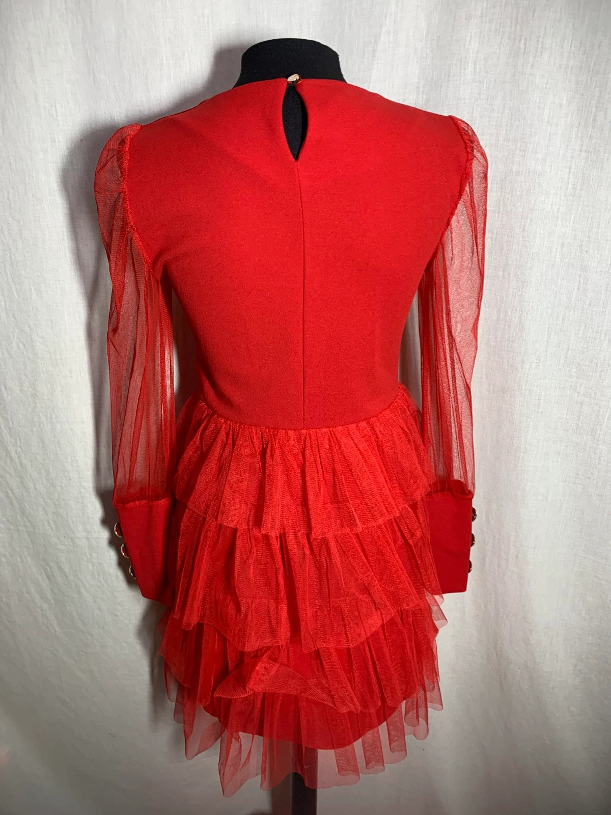 Vestido Rojo con Falda de Tul y Mangas Transparentes | Red Tulle Dress – taille L 4