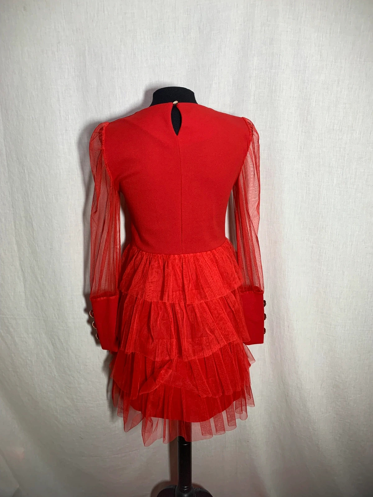Vestido Rojo con Falda de Tul y Mangas Transparentes | Red Tulle Dress – taille L 2