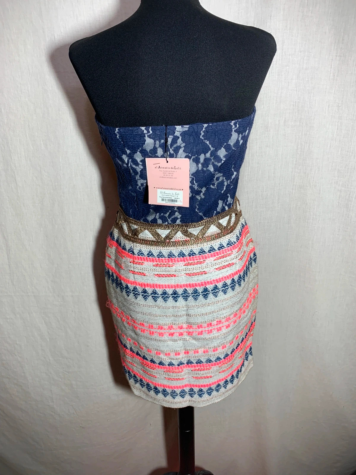 Vestido Azul y sin Tirantes con Encaje y Detalle Floral | Strapless Blue Dress | Almatrichi – Almatrichi – taille M / 38 / 10 2