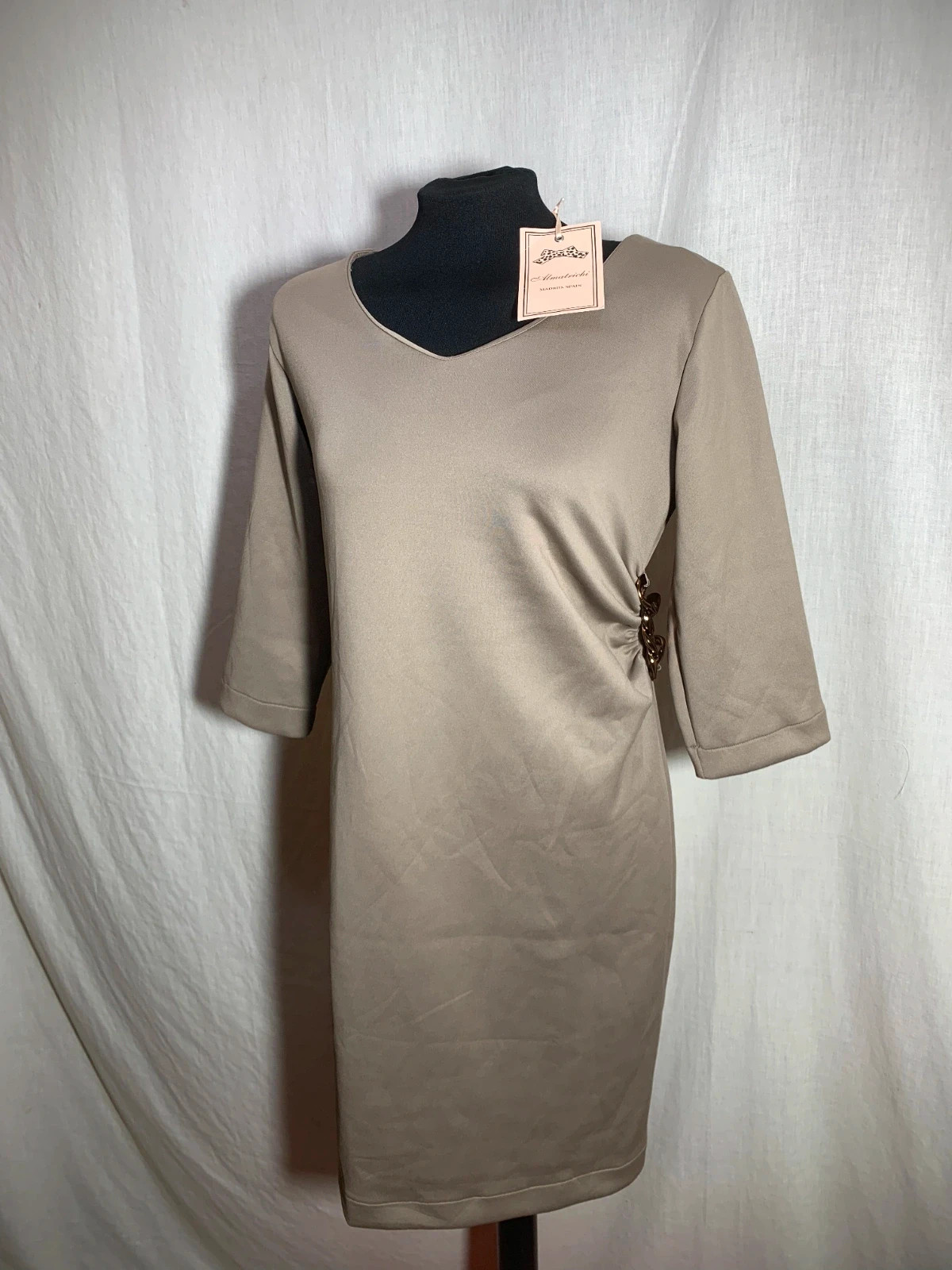 Vestido Beige de Manga 3/4 con Escote en Pico | Beige 3/4 Sleeve Dress | Almatrichi – Almatrichi – taille L / 40 / 12 3