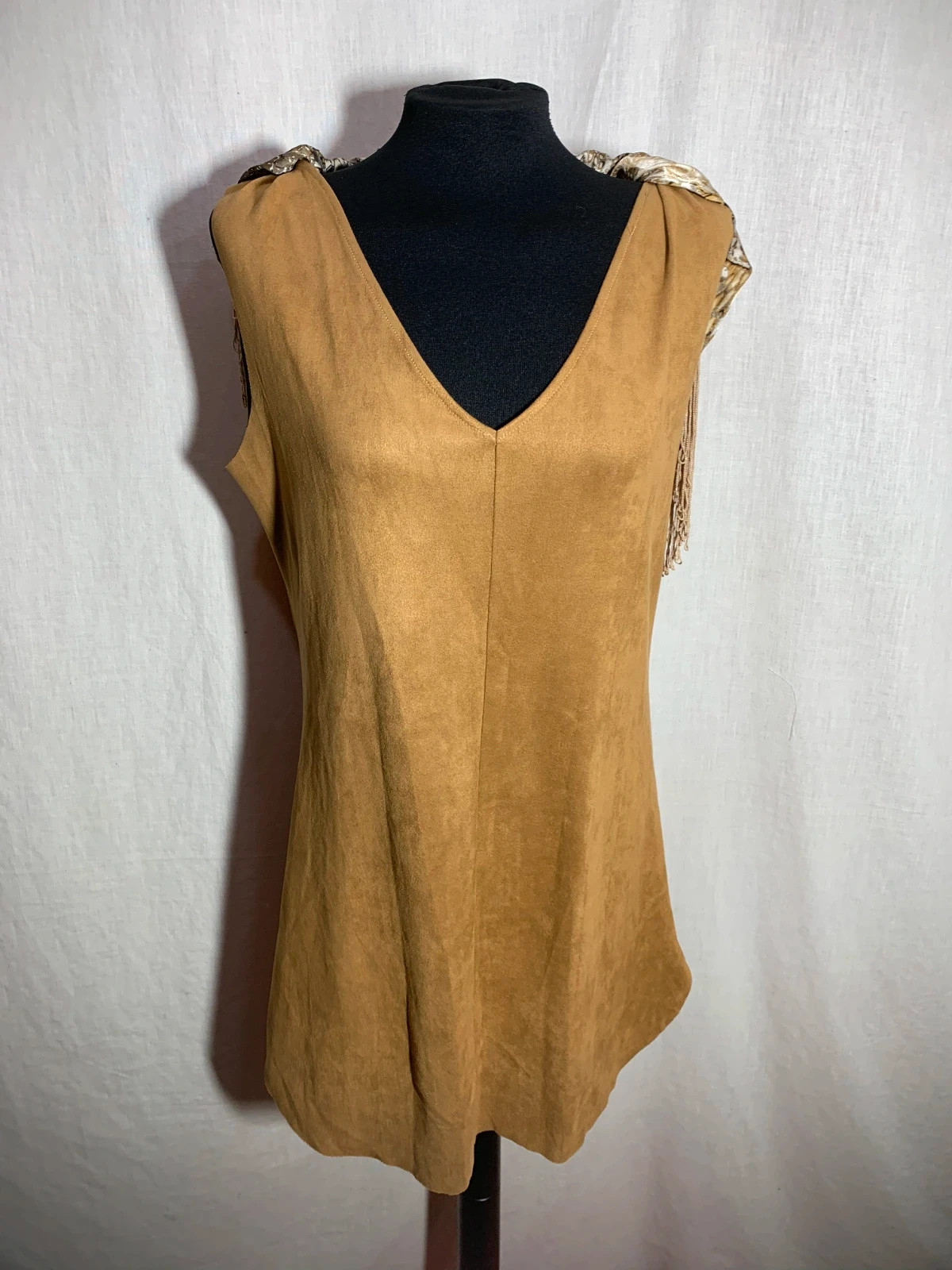 Blusa Marrón Sin Mangas con Chal Estampado y Flecos | Brown Sleeveless Blouse | Sara Leon – taille L / 40 / 12 2