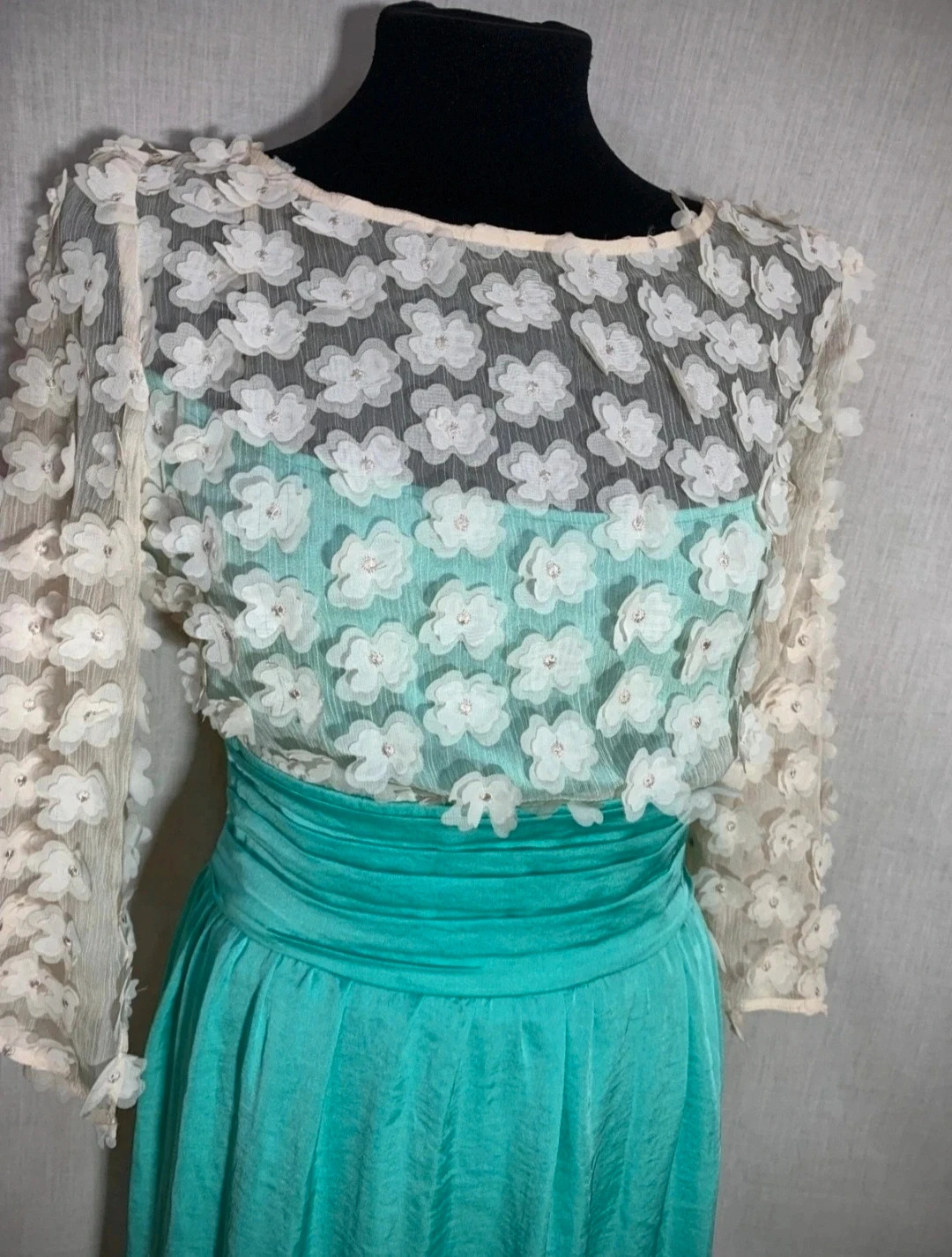 Vestido Largo con Flores Blanco y Turquesa | White and Turquoise Long Floral Dress – K-Kou – taille XL / 42 / 14 3