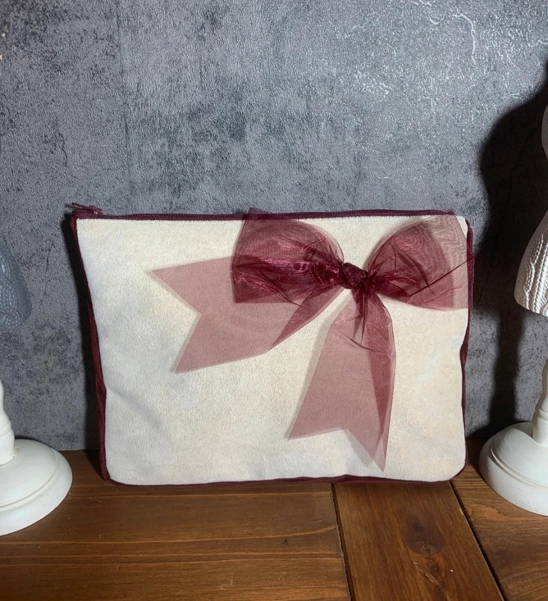 Beige Fabric Toiletry Bag with Zipper Closure and Decorative Maroon Bow 3