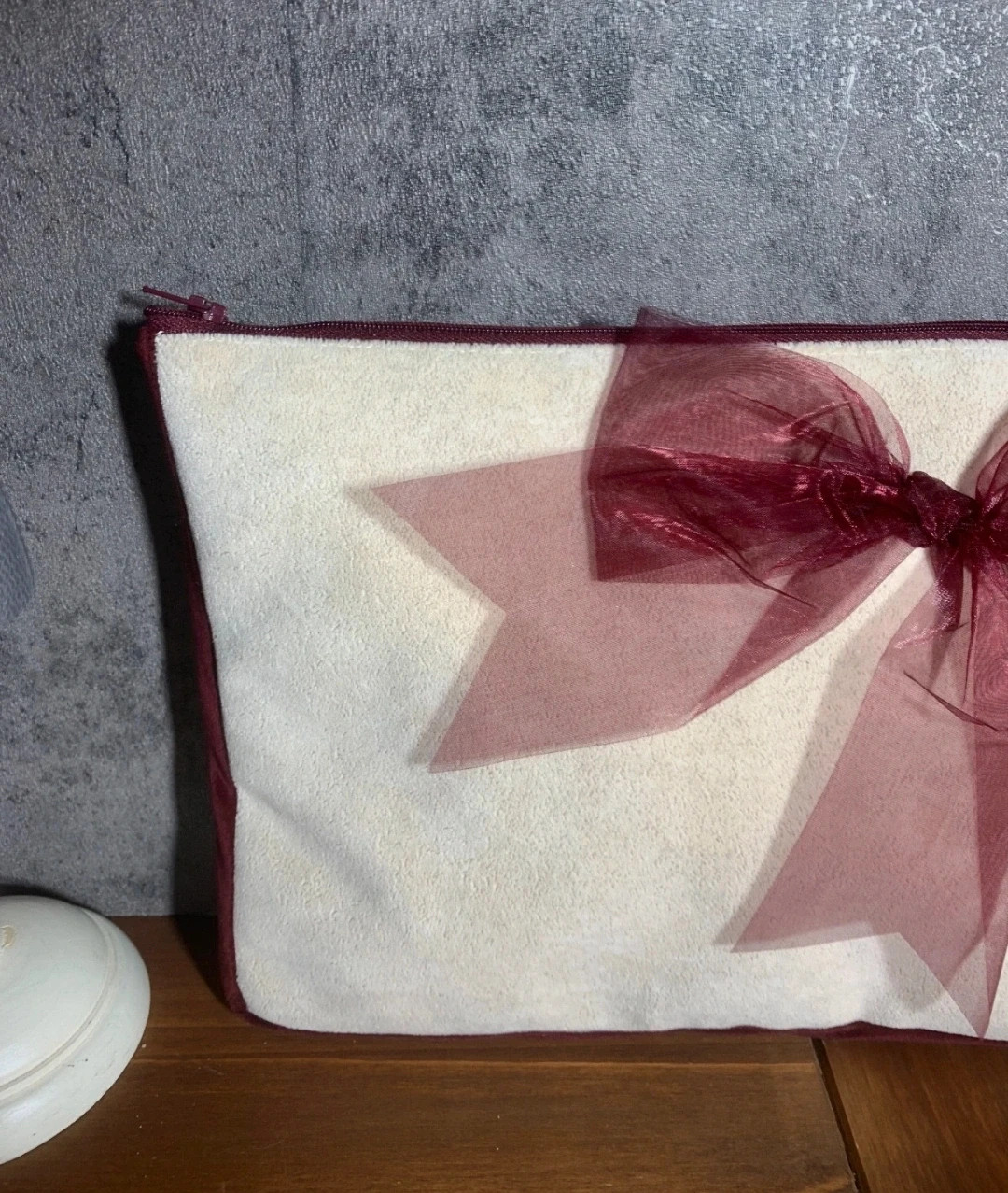 Beige Fabric Toiletry Bag with Zipper Closure and Decorative Maroon Bow 2