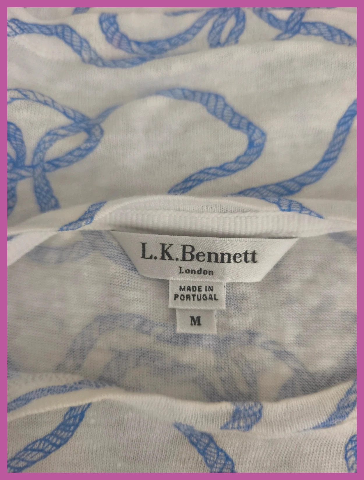 T-shirt en lin L.K. Bennett blanc et bleu motif cordage – Taille M. No279 – LK Bennett – taille M / 38 / 10 2
