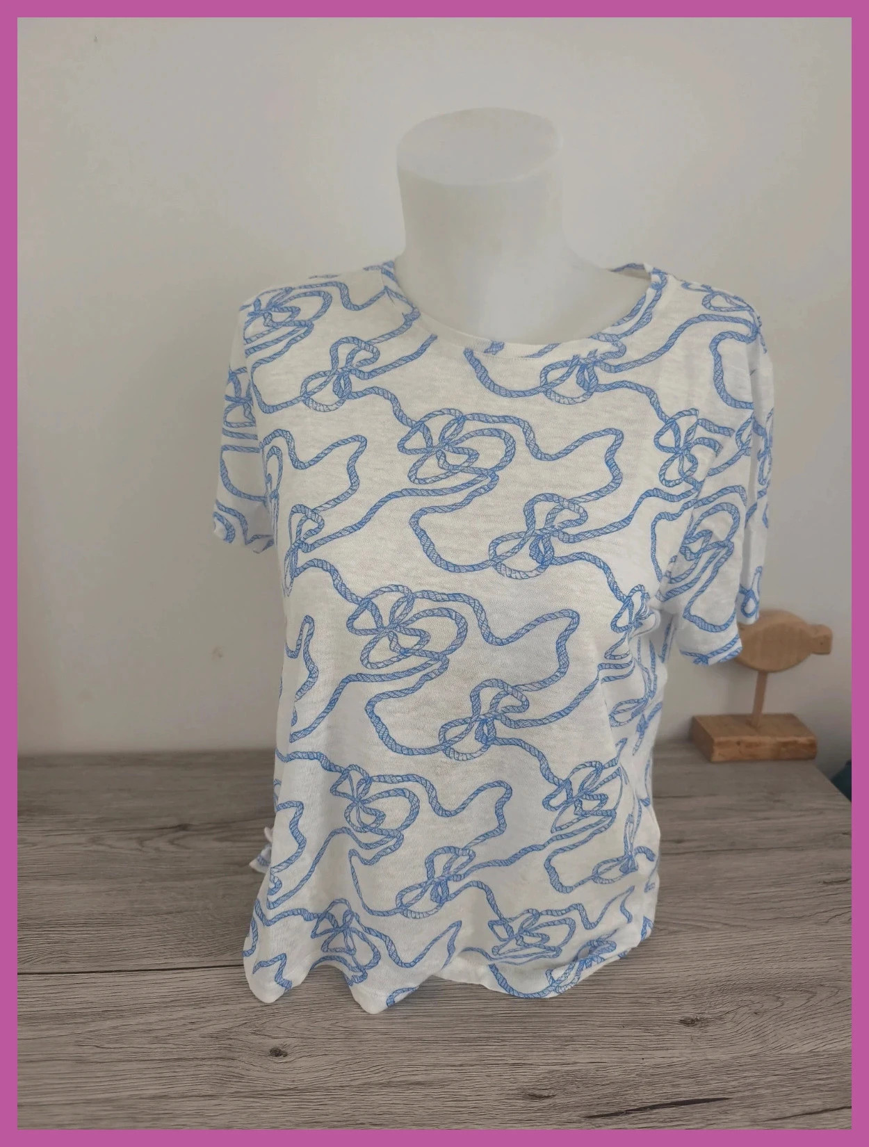 T-shirt en lin L.K. Bennett blanc et bleu motif cordage – Taille M. No279 – LK Bennett – taille M / 38 / 10
