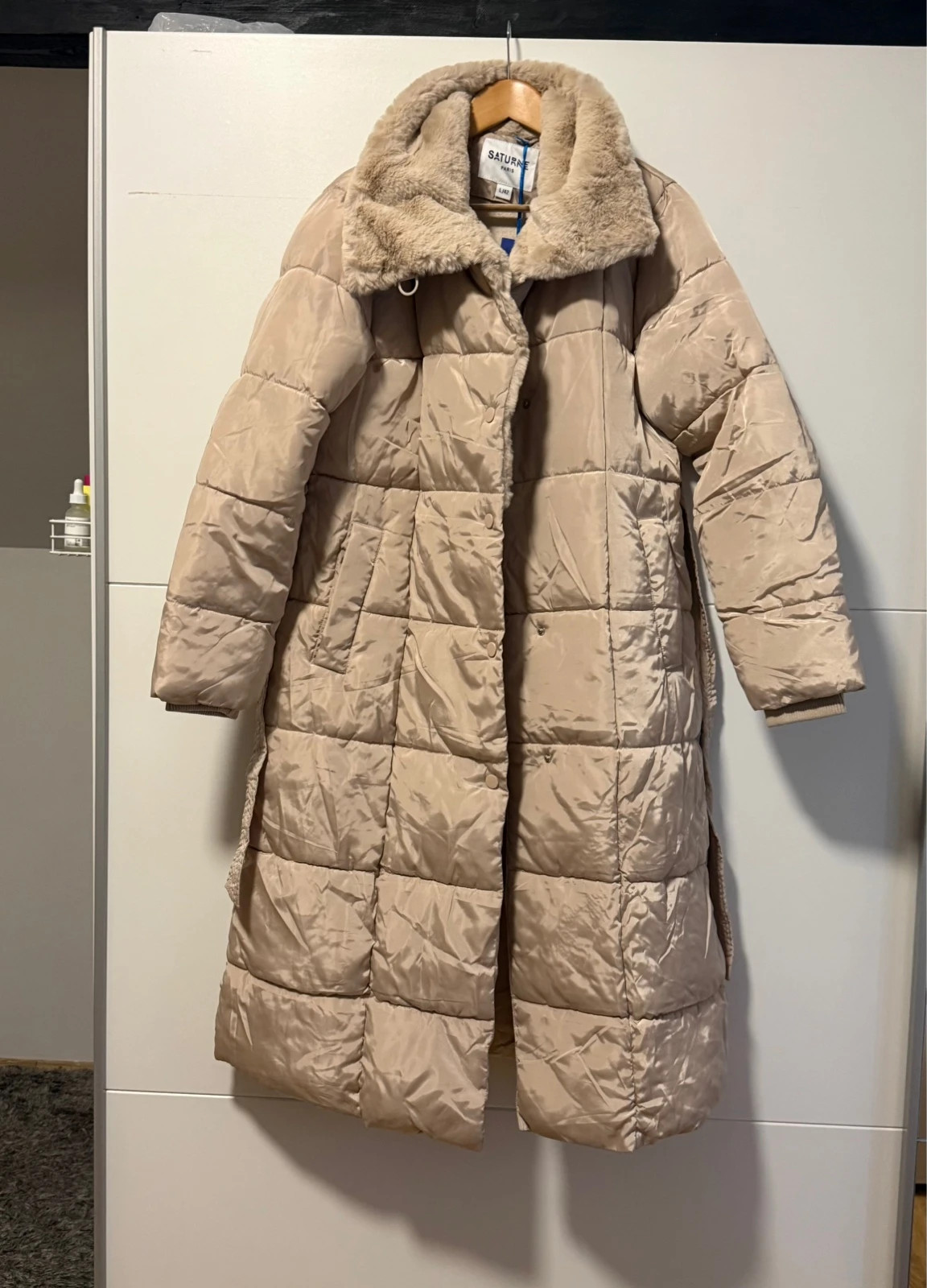 Lange beige Winterjacke mit Teddykragen – SATURNE – taille XL / 42 / 14