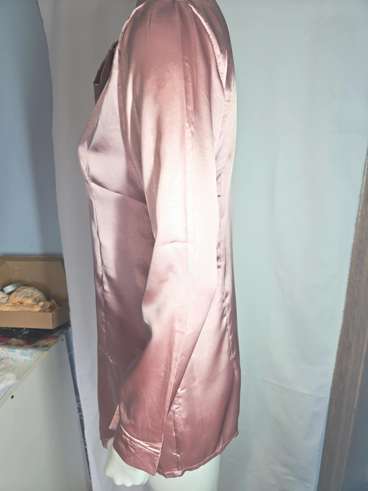 Blusa / Vestido camisero de satén rosa con lazo L/ XL – Moda Europea – taille L / 40 / 12 2