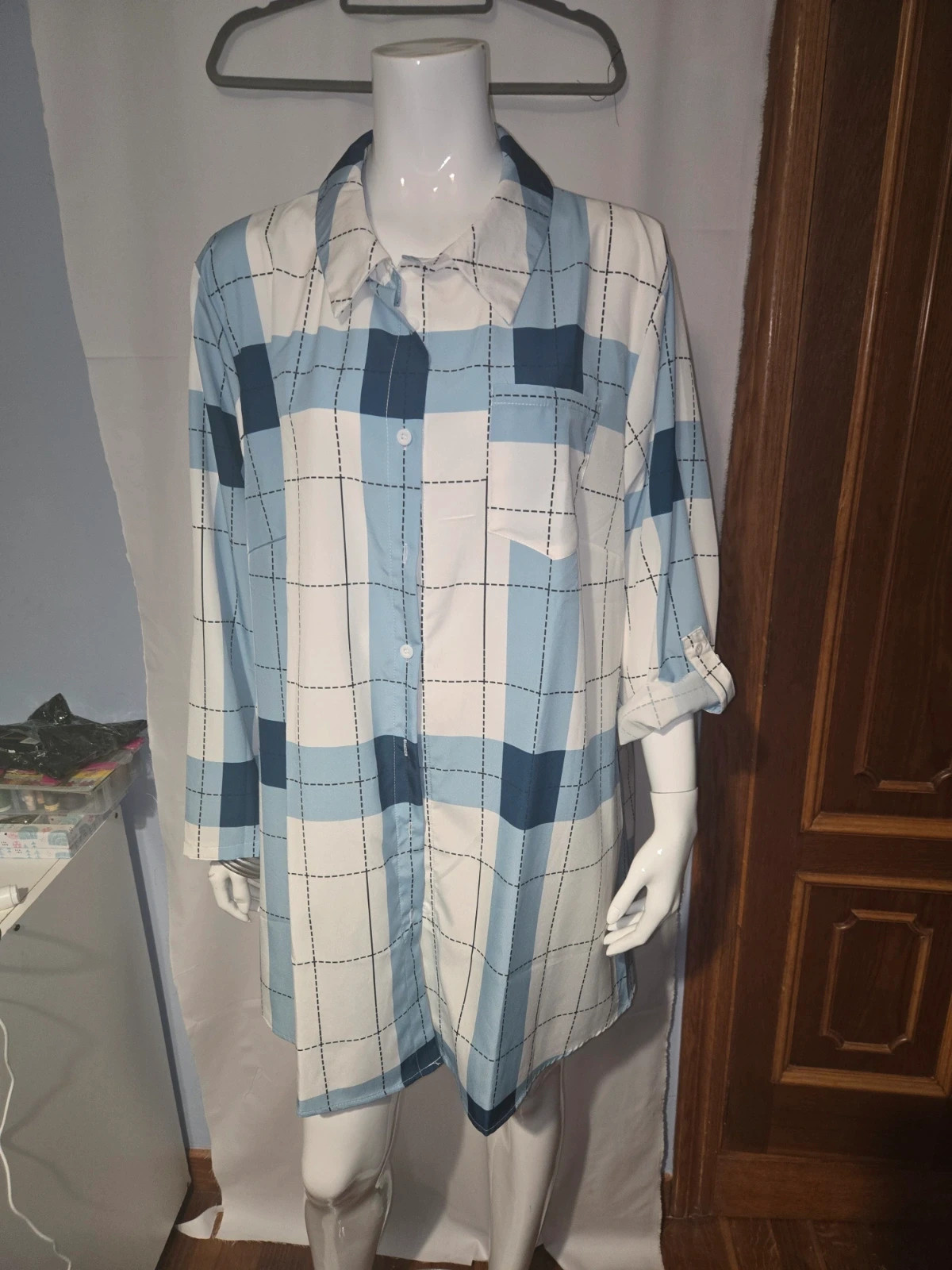 Camisa larga de cuadros azul y blanca (Talla 3XL) – Local – taille XXXL / 46 / 18