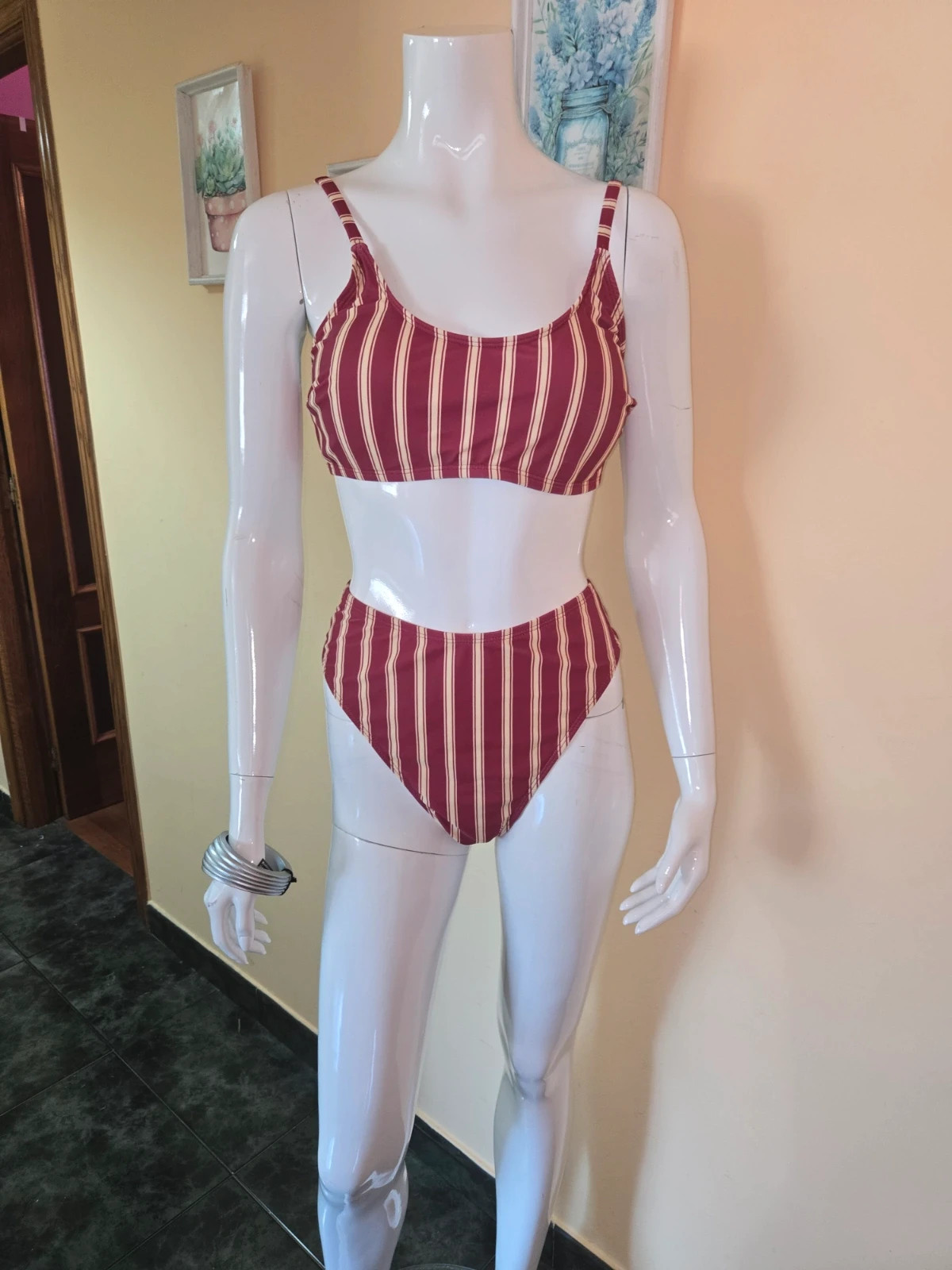 Bikini de talle alto a rayas granate y amarillo - Talla XL – Shein – taille XL / 42 / 14 3