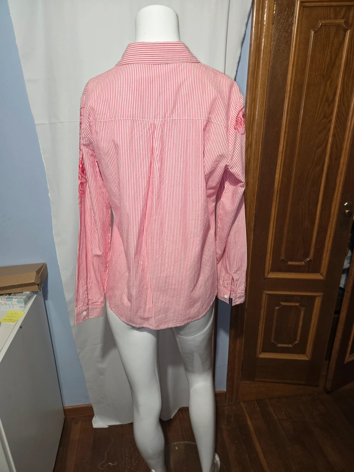 Camisa de rayas rosas y blancas con bordado floral - Talla 44 – cachemir basico – taille XXL / 44 / 16 3