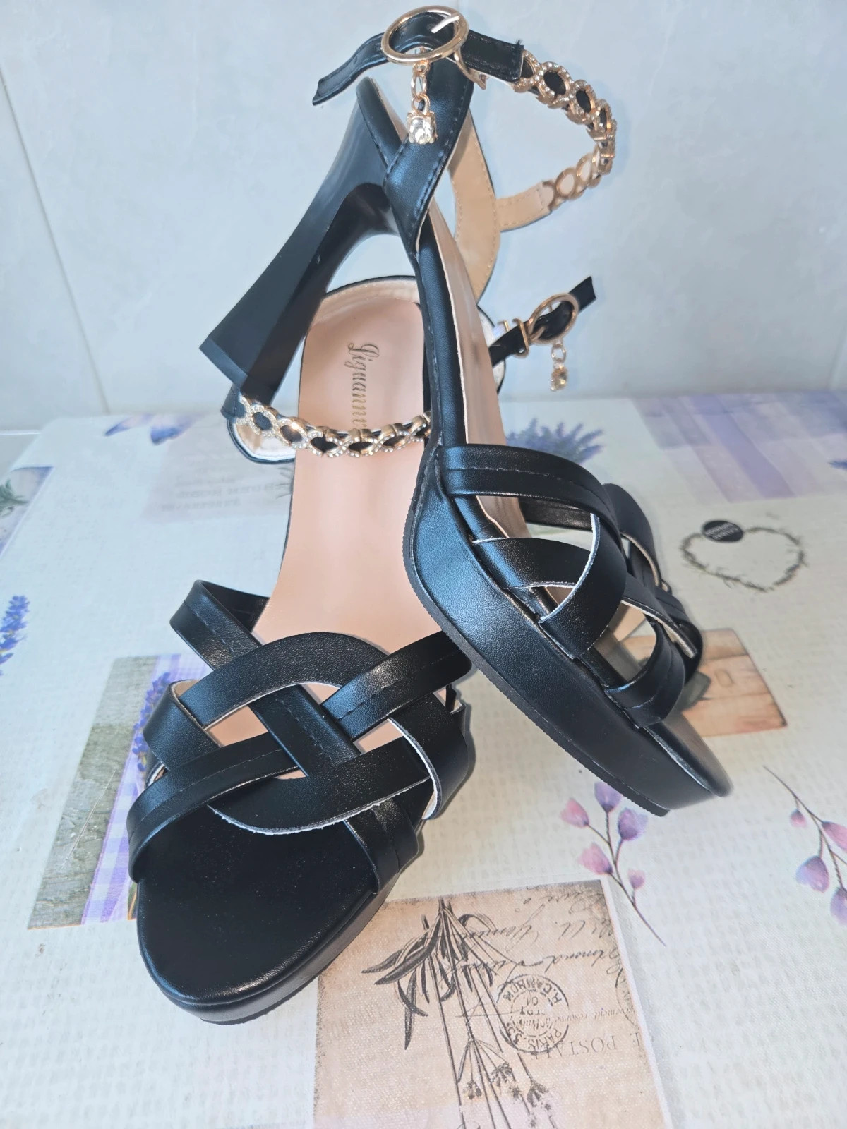 Sandalias de tacón negras con pedrería - Talla 40 – Local – taille 40 4