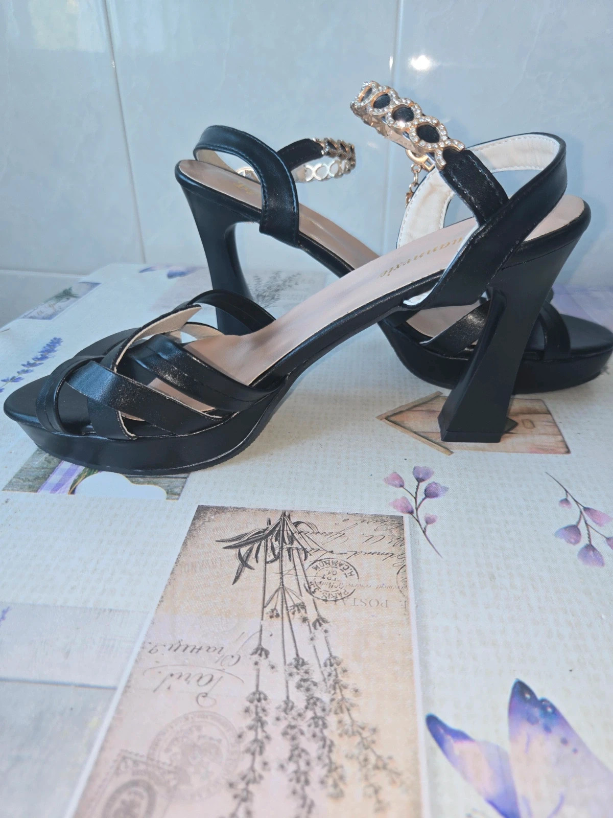 Sandalias de tacón negras con pedrería - Talla 40 – Local – taille 40 3