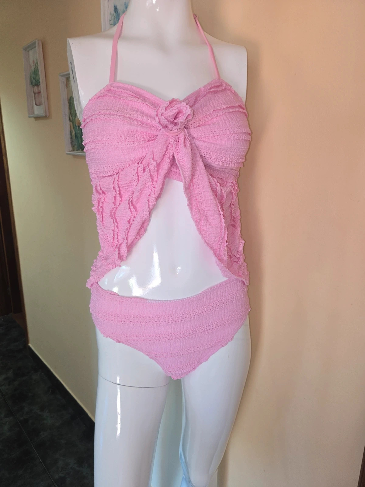 Bañador Tankini de 2 piezas rosa con textura nido de abeja / rugoso talla S/ 15 años – Shein – taille S / 36 / 8 2