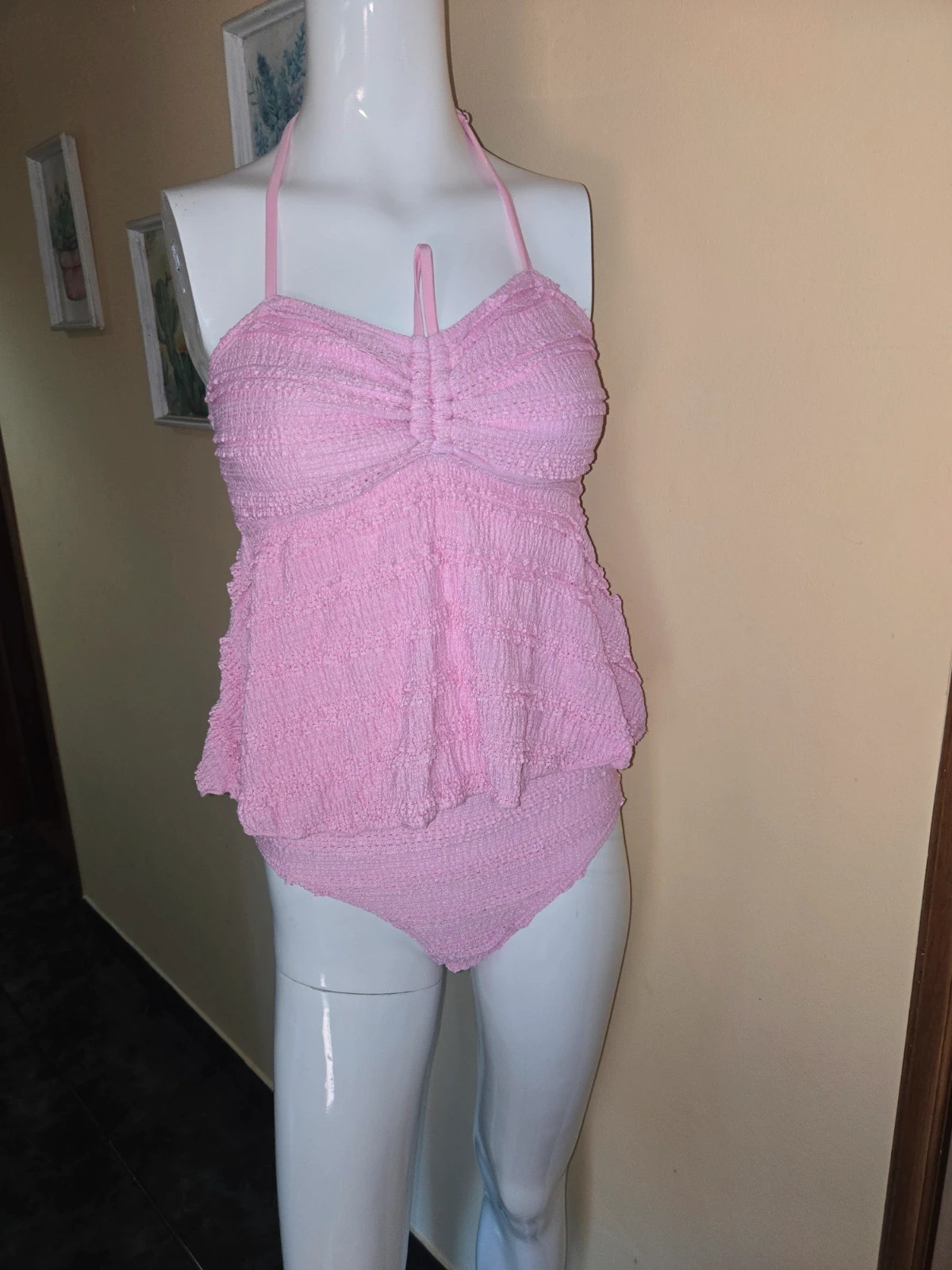 Bañador Tankini de 2 piezas rosa con textura nido de abeja / rugoso talla S/ 15 años – Shein – taille S / 36 / 8