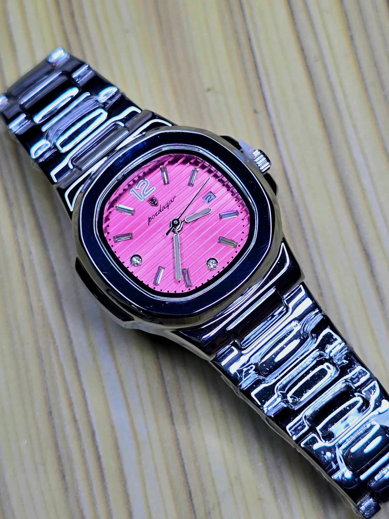 Pink Dial Silver Watch