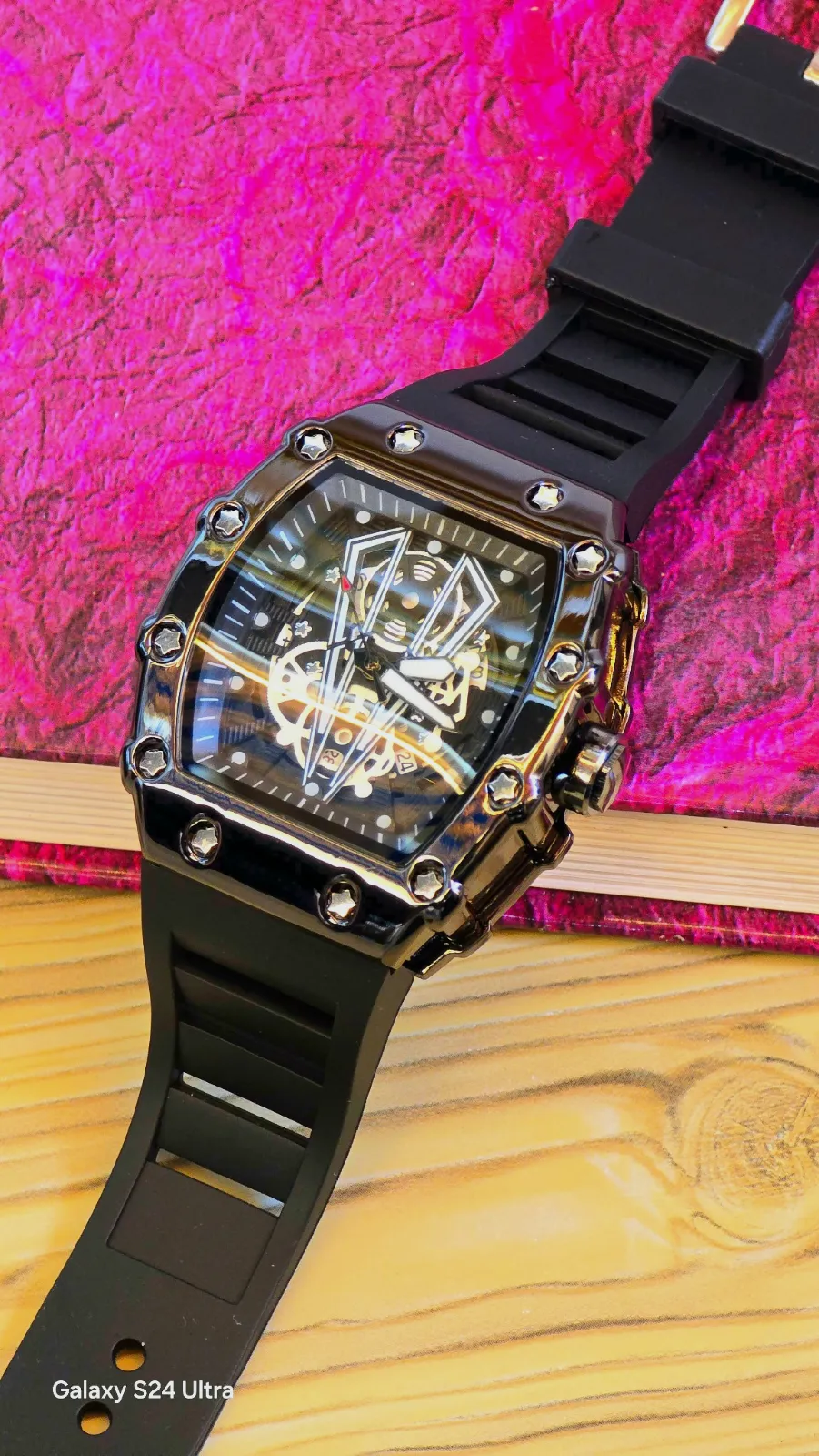 Skeleton Tonneau Watch in Black Silicone