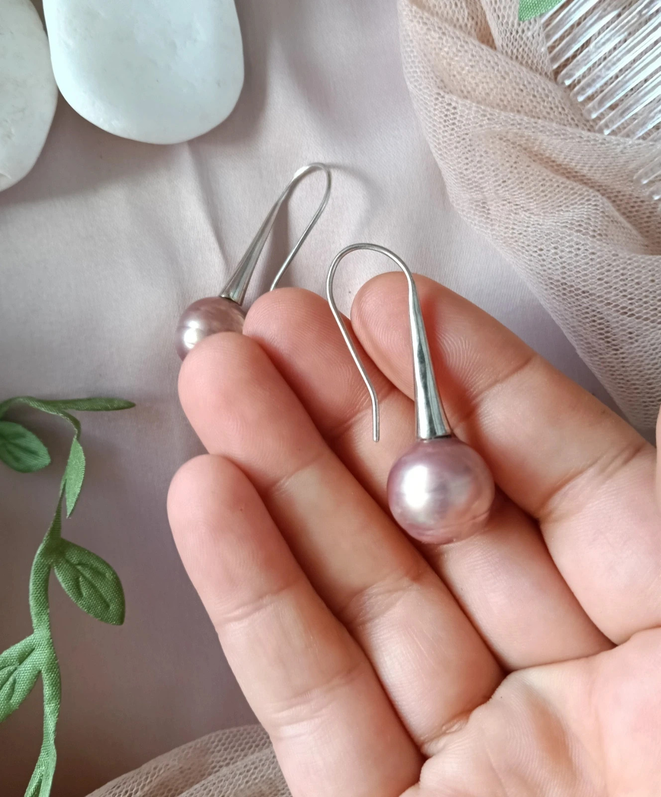 Vintage sterling silver & mauve lilac earrings – Silver 3