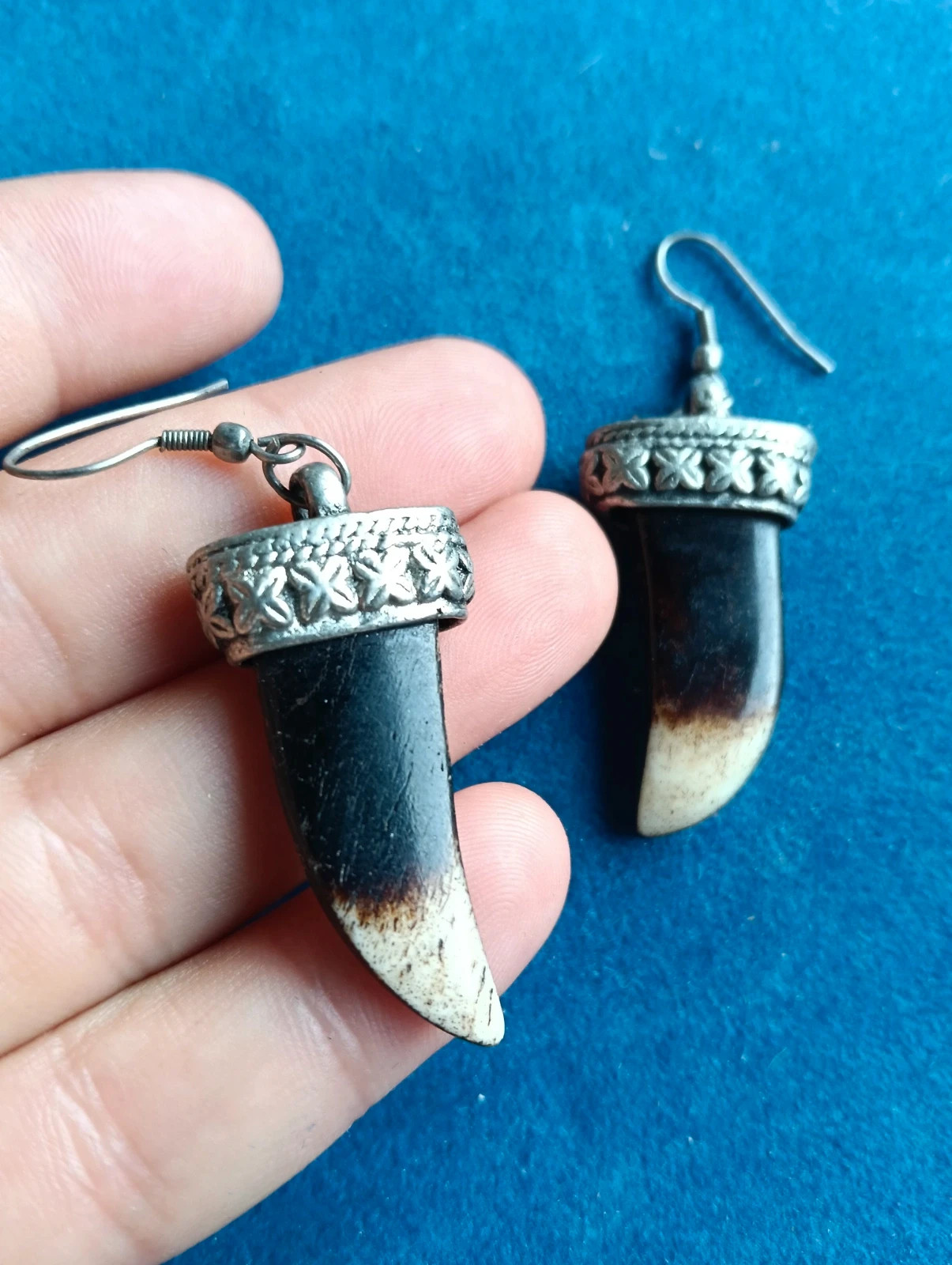 Last price 🔥 Tribal Style horn earrings with silver tone ornamental caps