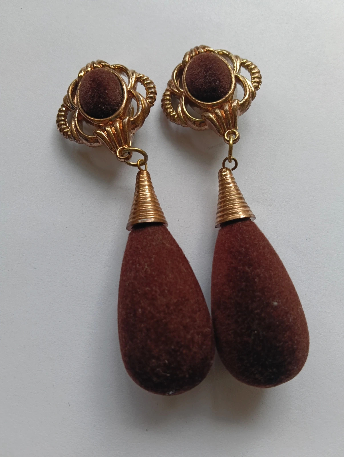 Vintage gold tone and brown flocked Velvet earrings