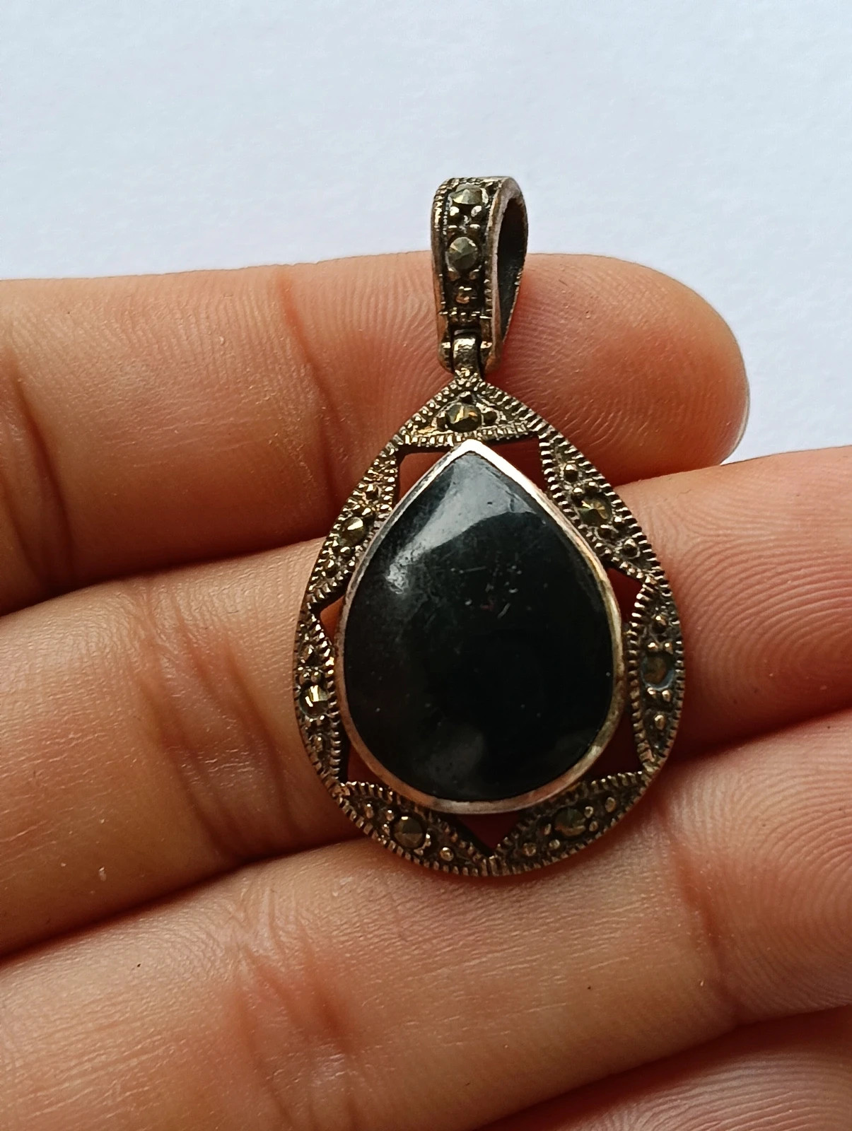 Antique Onix & marcasite sterling silver pendant Pendentif argent Colgante de plata y ónice – Art Deco 4