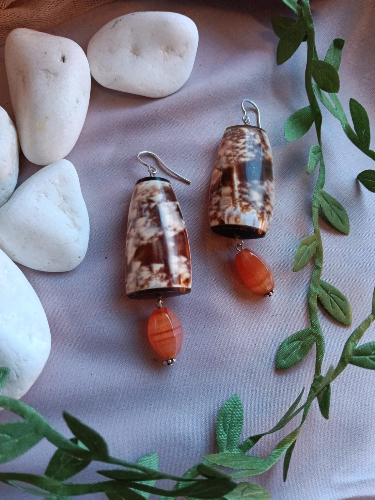 Vintage Boho Cone-Shaped Shell Earrings with Carnelian Accents
