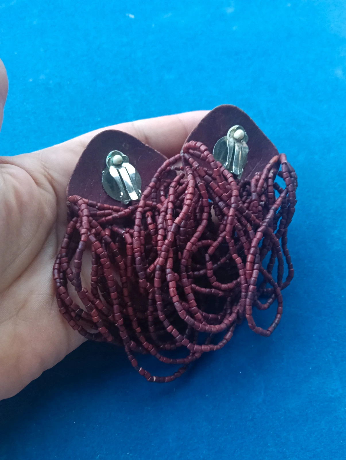 Boho statement clip on earrings with cascading red seed beads – vintage bohemian 4