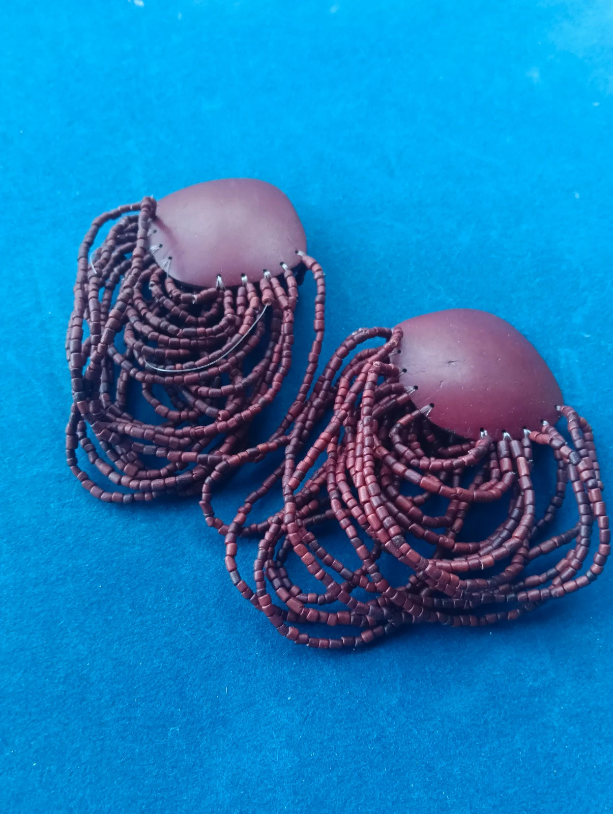 Boho statement clip on earrings with cascading red seed beads – vintage bohemian 5