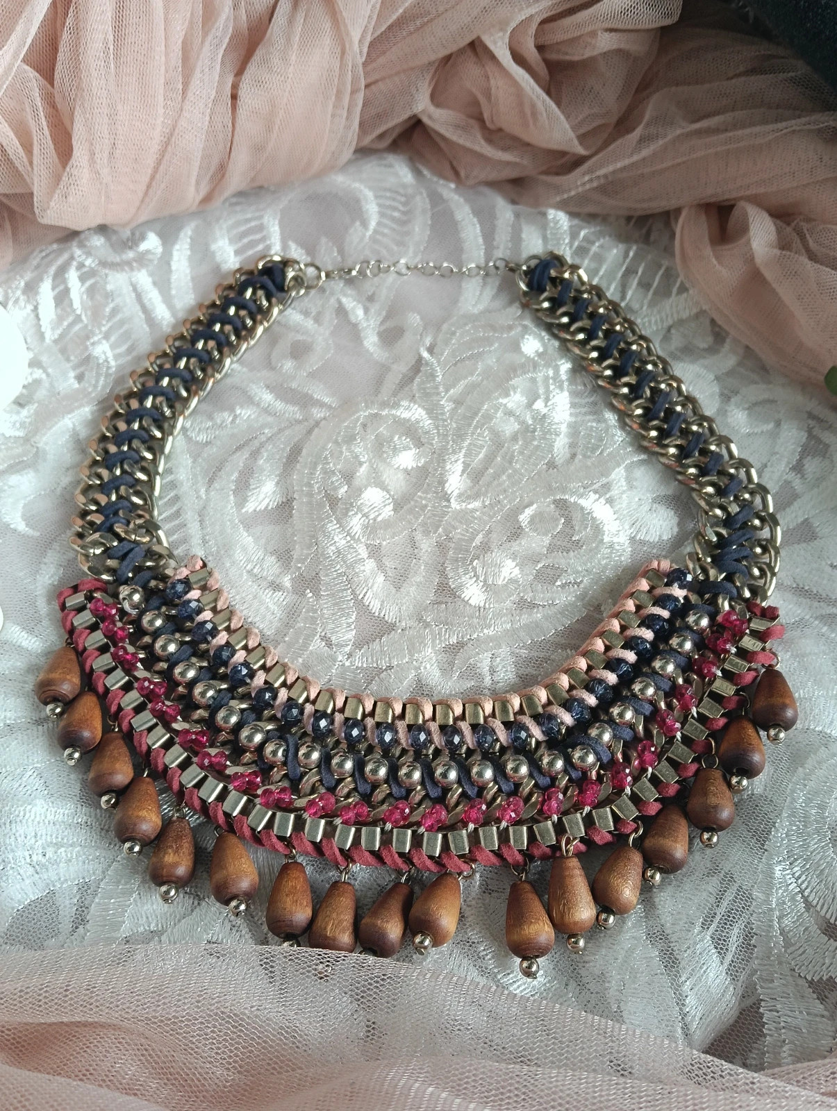 Vintage boho statement bib maxi necklace with wood charms choker