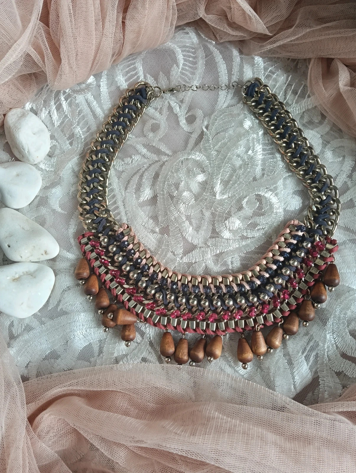 Vintage boho statement bib maxi necklace with wood charms choker – Top Vintage 2