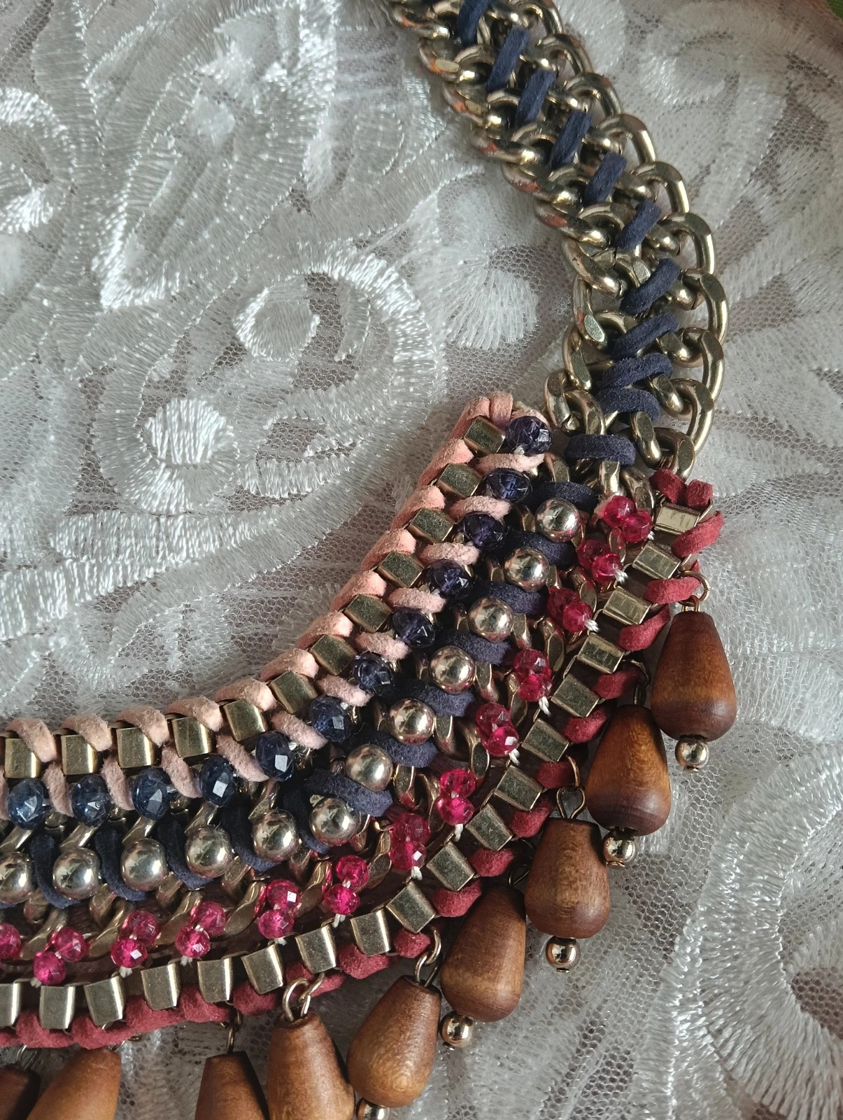 Vintage boho statement bib maxi necklace with wood charms choker – Top Vintage 3