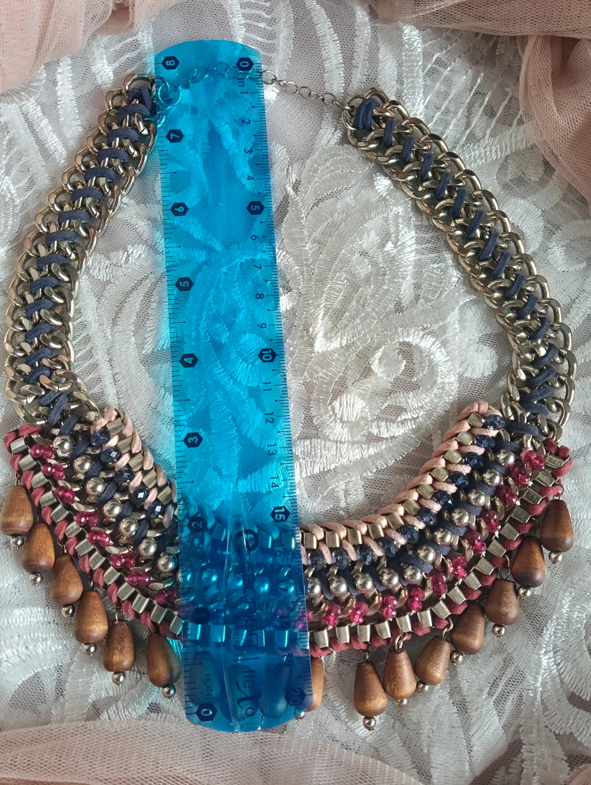 Vintage boho statement bib maxi necklace with wood charms choker – Top Vintage 4