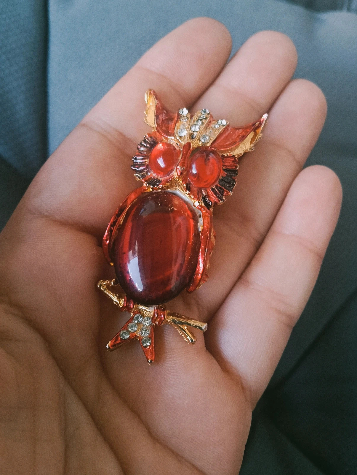 Vintage owl brooch with red Jelly belly cabochon