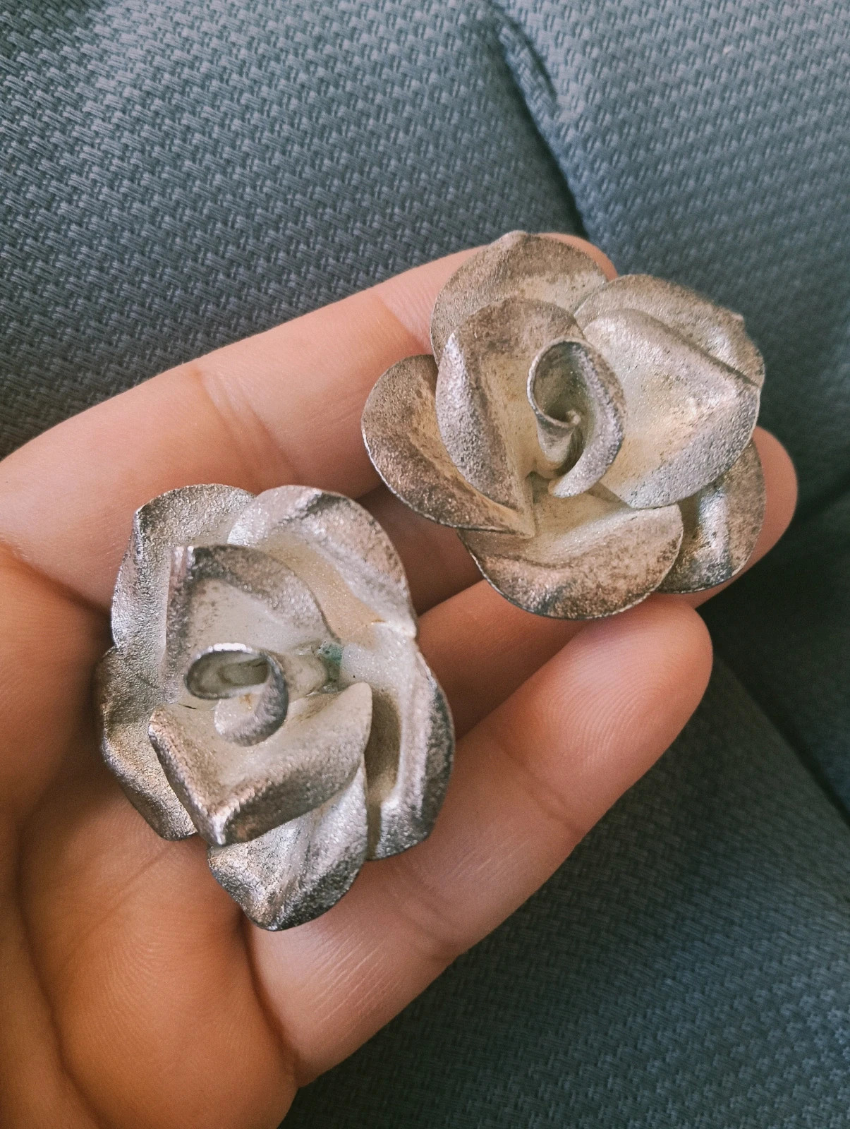 Vintage silver tone sculpted rose stud earrings statement circa 1960