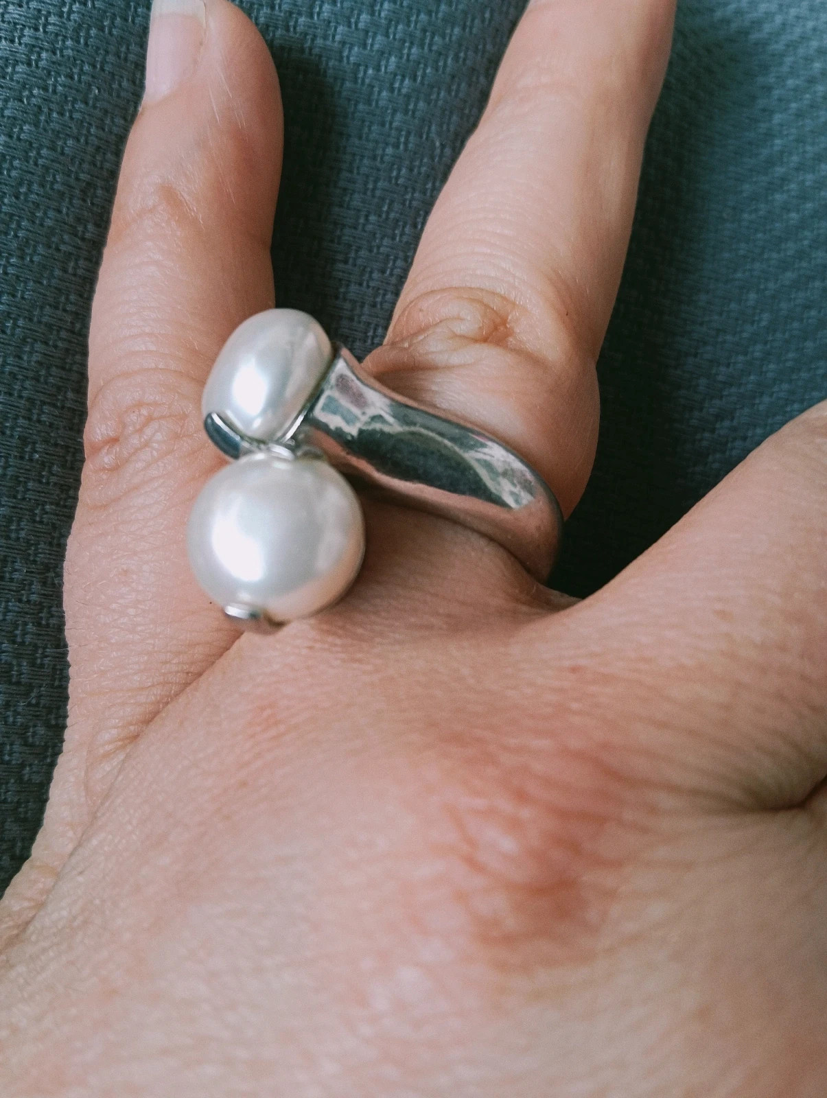 Vintage silver tone twin mabe Pearl bypass ring – taille 18,1 mm 2
