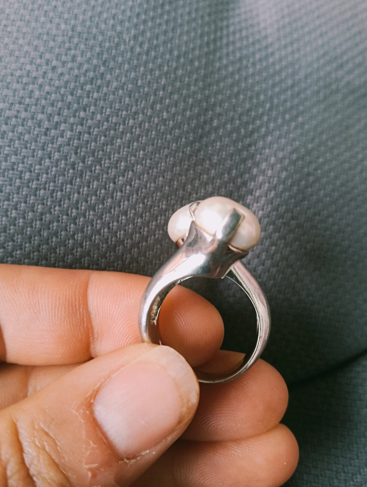 Vintage silver tone twin mabe Pearl bypass ring – taille 18,1 mm 4