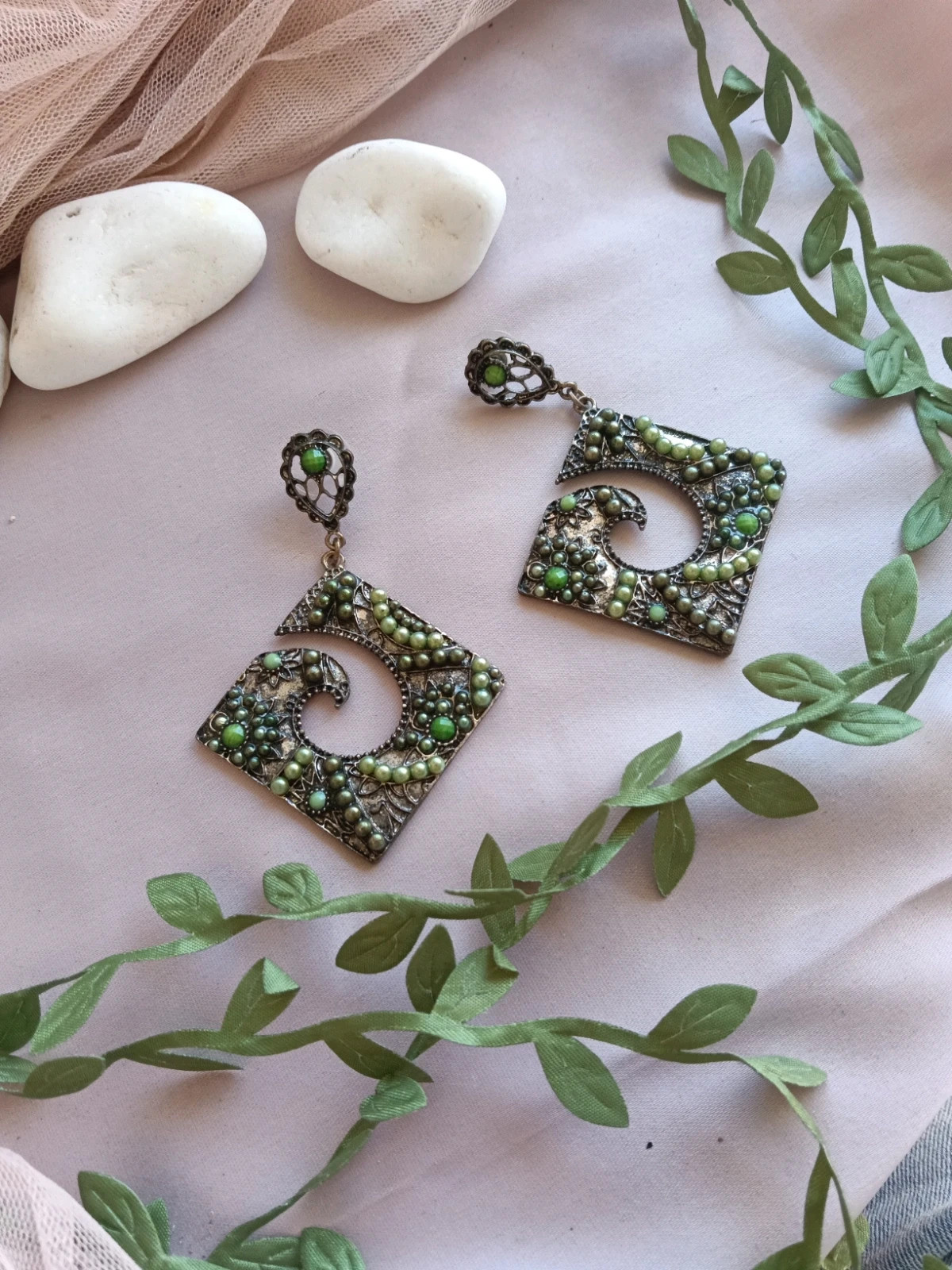 Vintage statement spiral square earrings maxi- silver tone with Greenboho chic