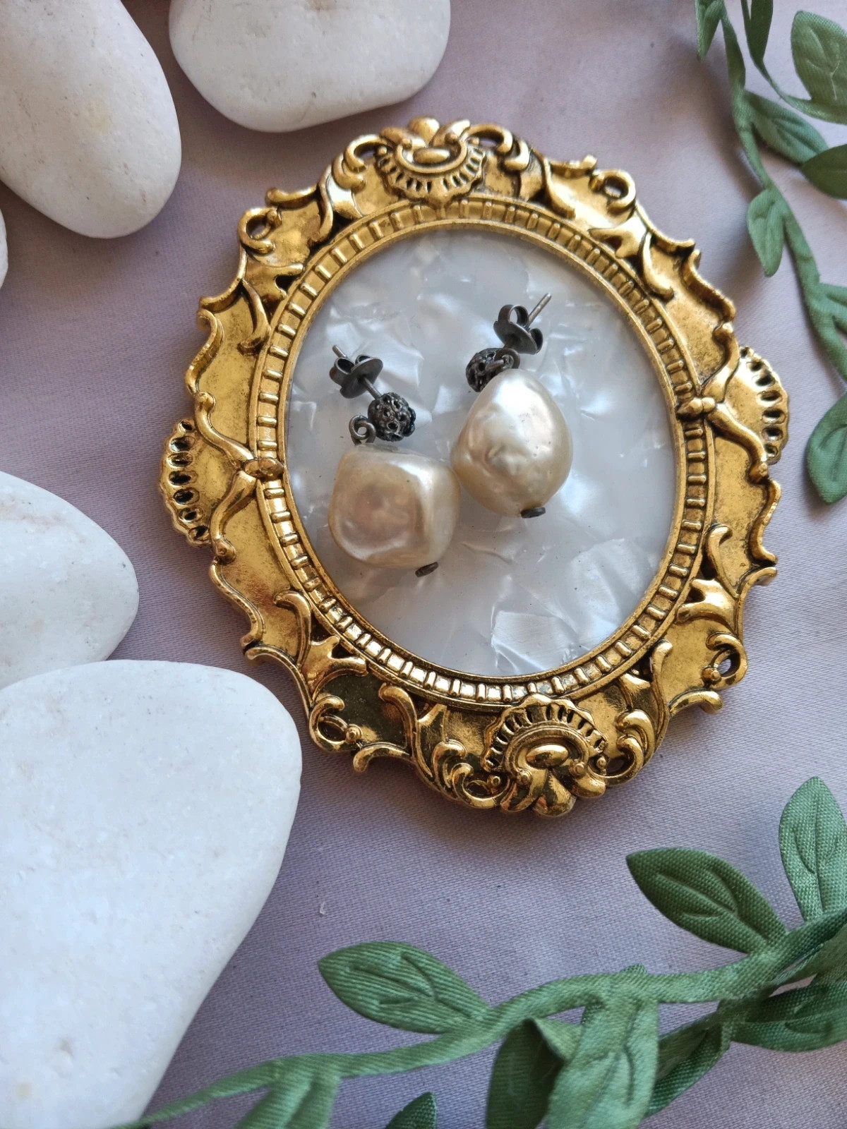 Vintage baroque faux pearl drop earrings antique Ornate filigree studs