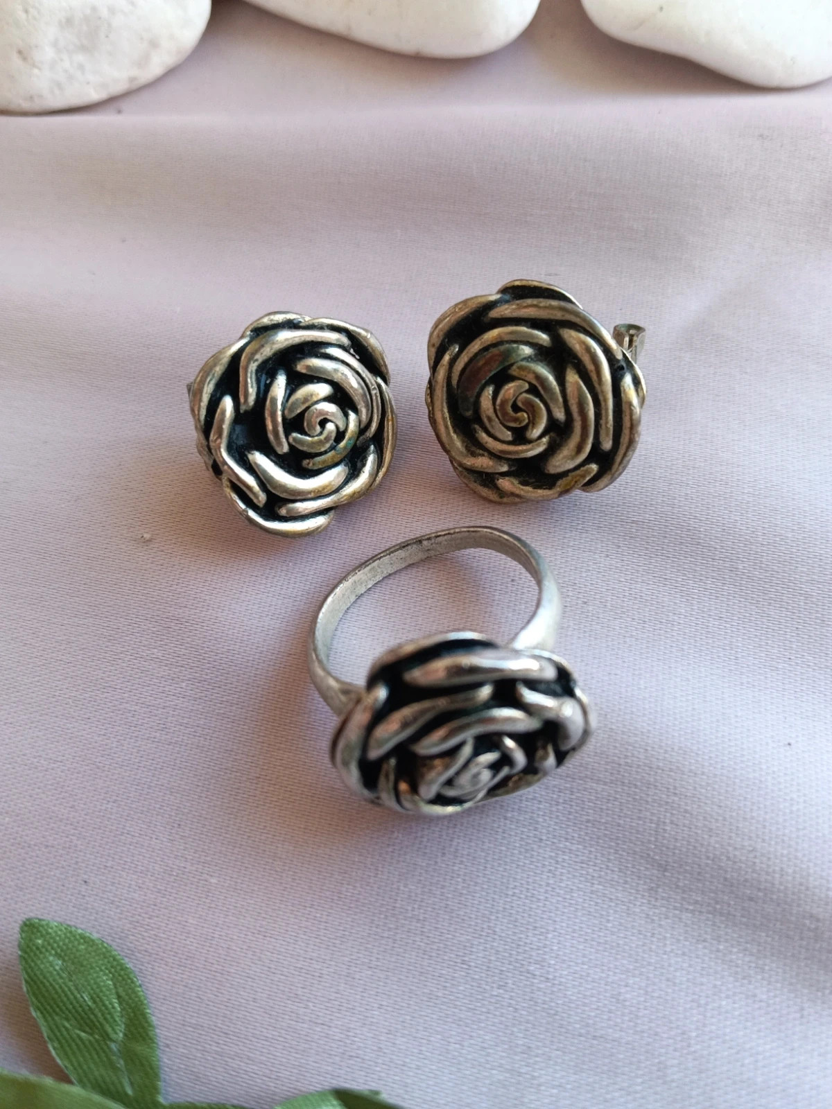 Antique Set ring and earrings flowers alpaca – taille 18,1 mm