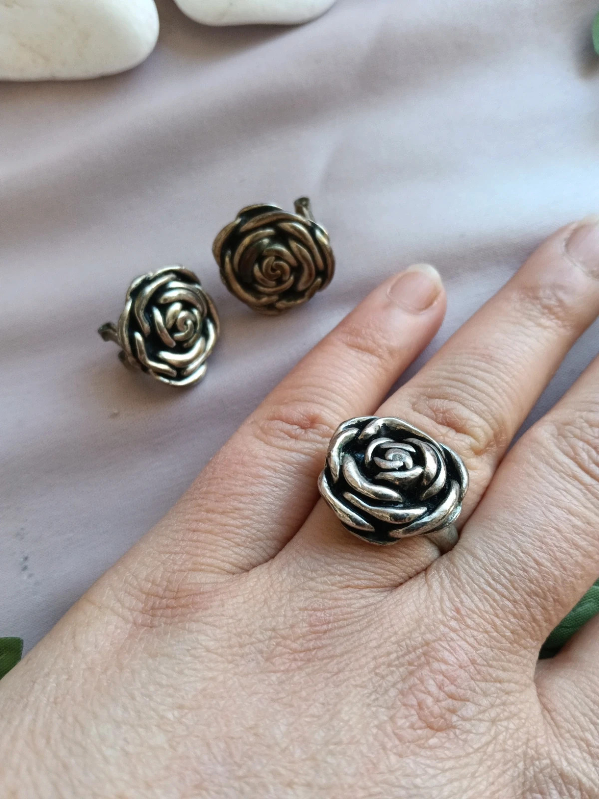 Antique Set ring and earrings flowers alpaca – taille 18,1 mm 2