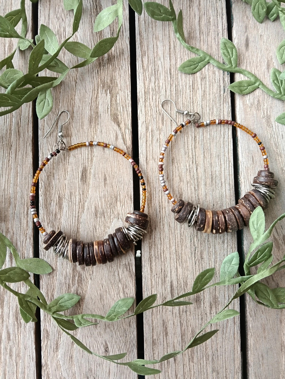 Bohemian Hoop earrings natural coconut wood disc