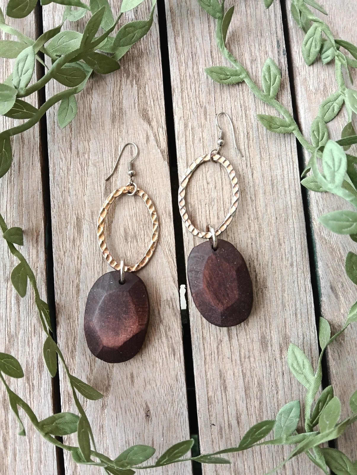 Bohemian hand carvet dark wood hammered gold oval drop earrings