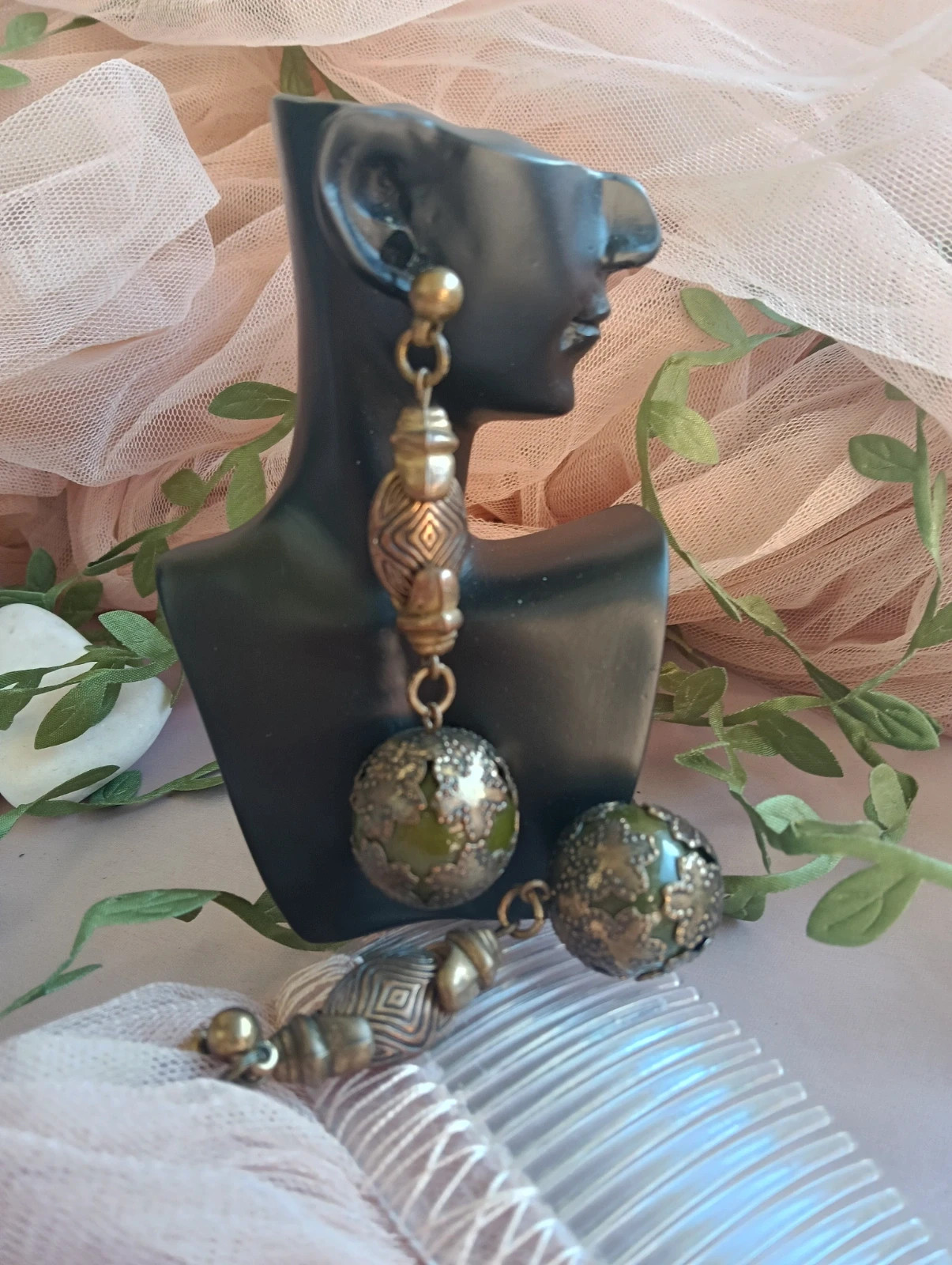 Vintage bronze & forest green filigree bohemian earrings