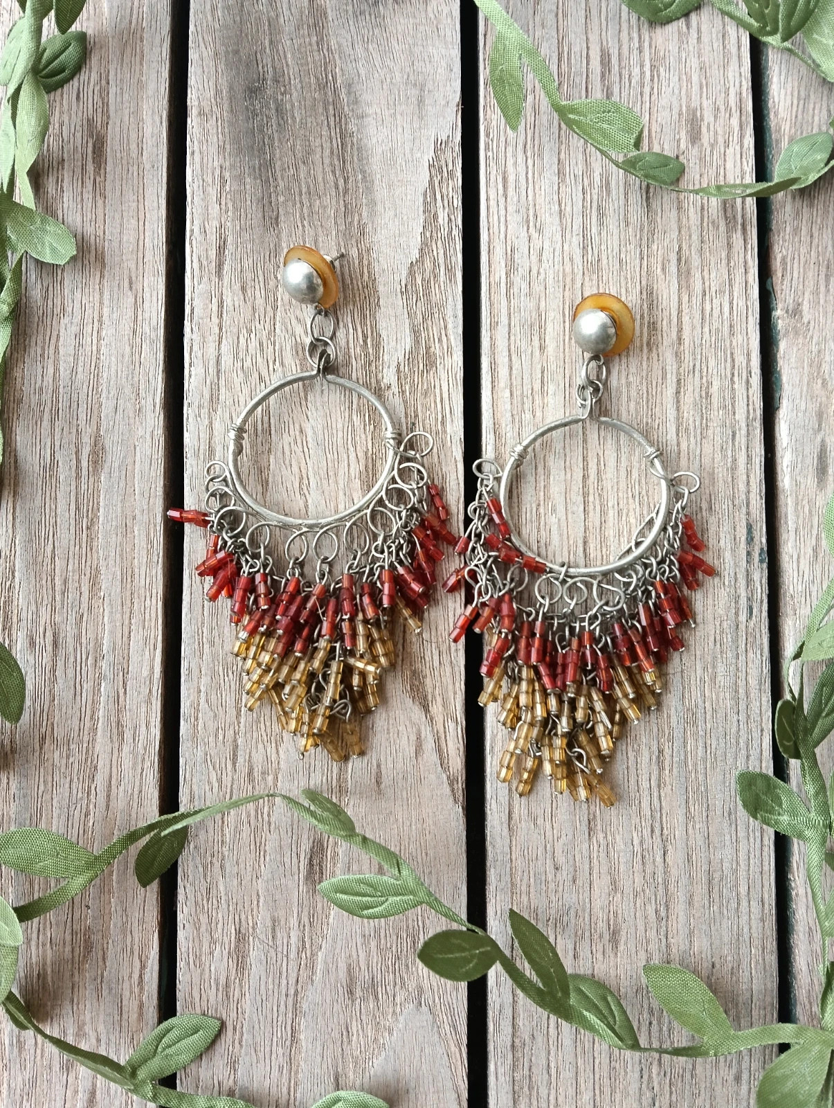 Boho chandelier earrings amber & rust glass bugle beads – Boheme
