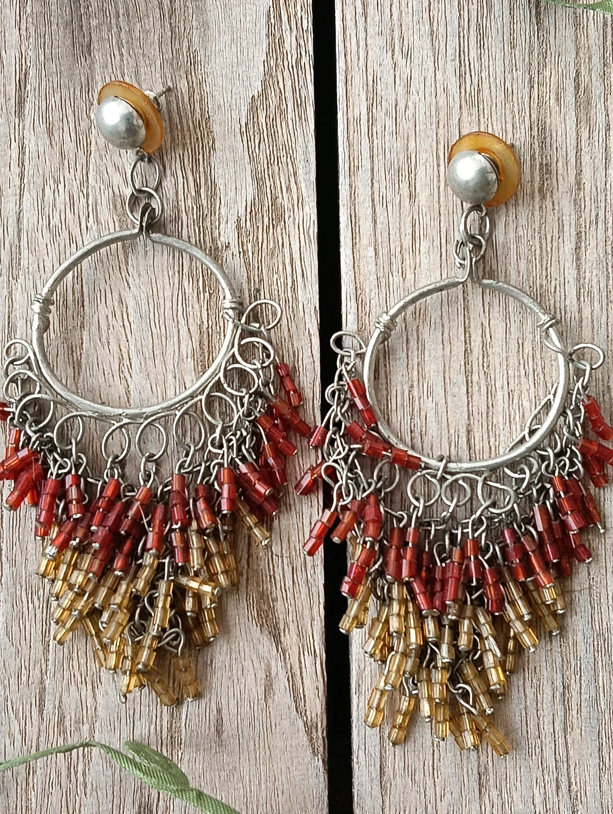 Boho chandelier earrings amber & rust glass bugle beads – Boheme 2