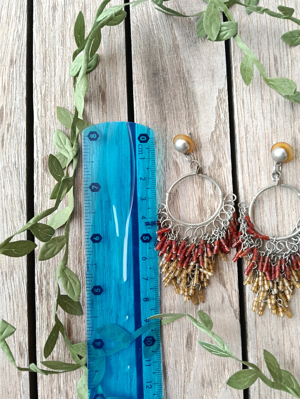 Boho chandelier earrings amber & rust glass bugle beads – Boheme 3