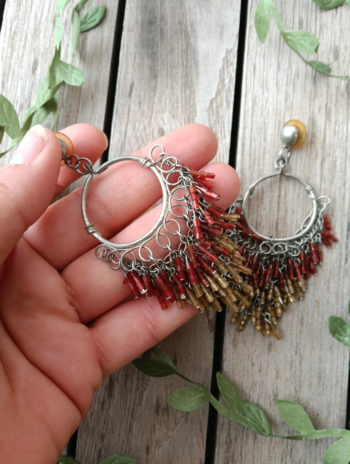 Boho chandelier earrings amber & rust glass bugle beads – Boheme 4